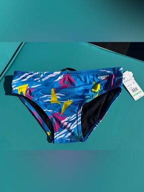 Speedo Blue Tropical Pattern Swim Briefs with Yellow & Pink Accents